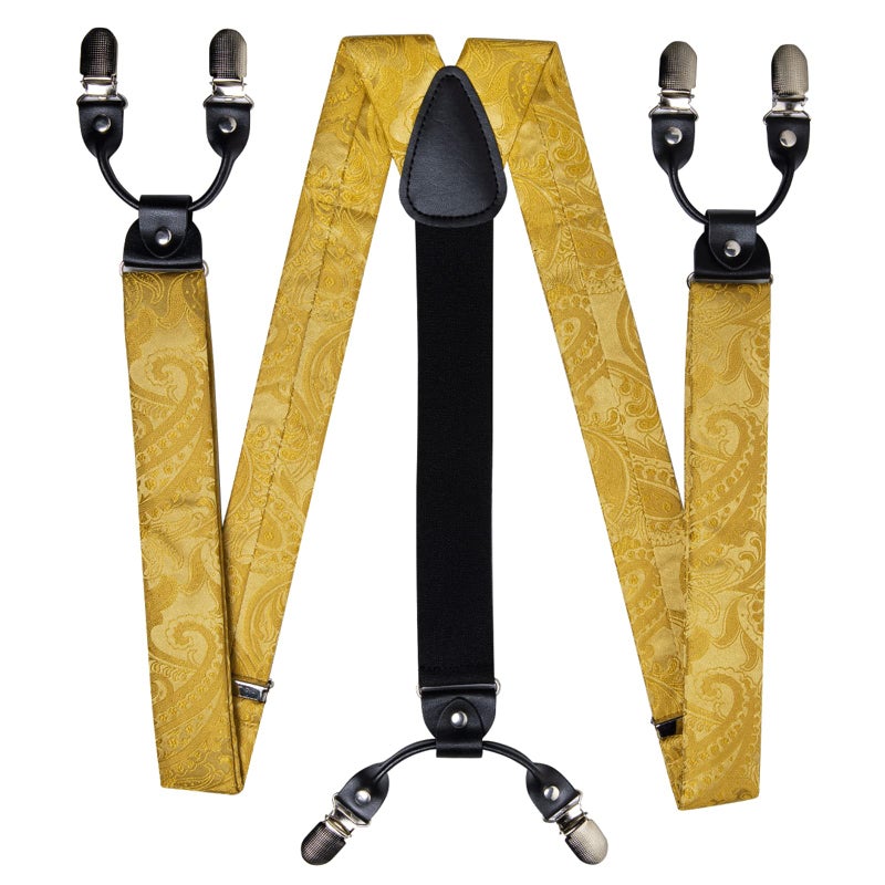 DiBanGu Gold Paisley Suspenders for Men Y-Shape Adjustable Suspenders Bowtie Pocket Square Cufflinks Clip Brace - Image 3